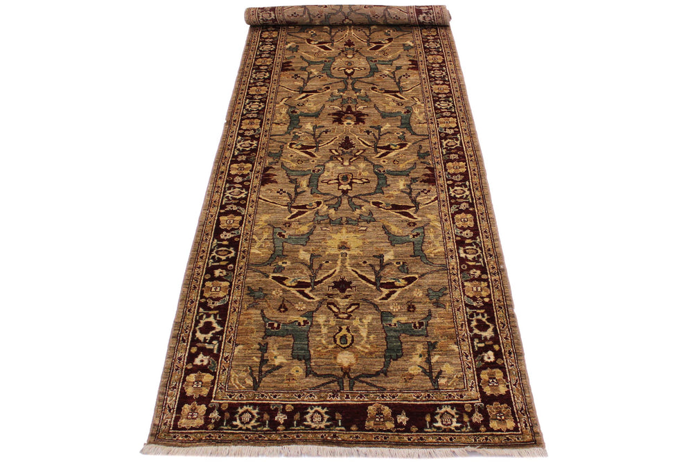 handmade Transitional Kafkaz Dark Tan Drk. Red Hand Knotted RUNNER 100% WOOL area rug 4' x 13'