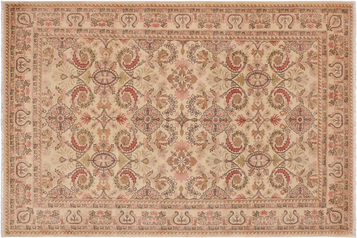9x13 hand knotted transitional wool rug in beige and pink - Classic Yan