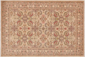 9x13 hand knotted transitional wool rug in beige and pink - Classic Yan