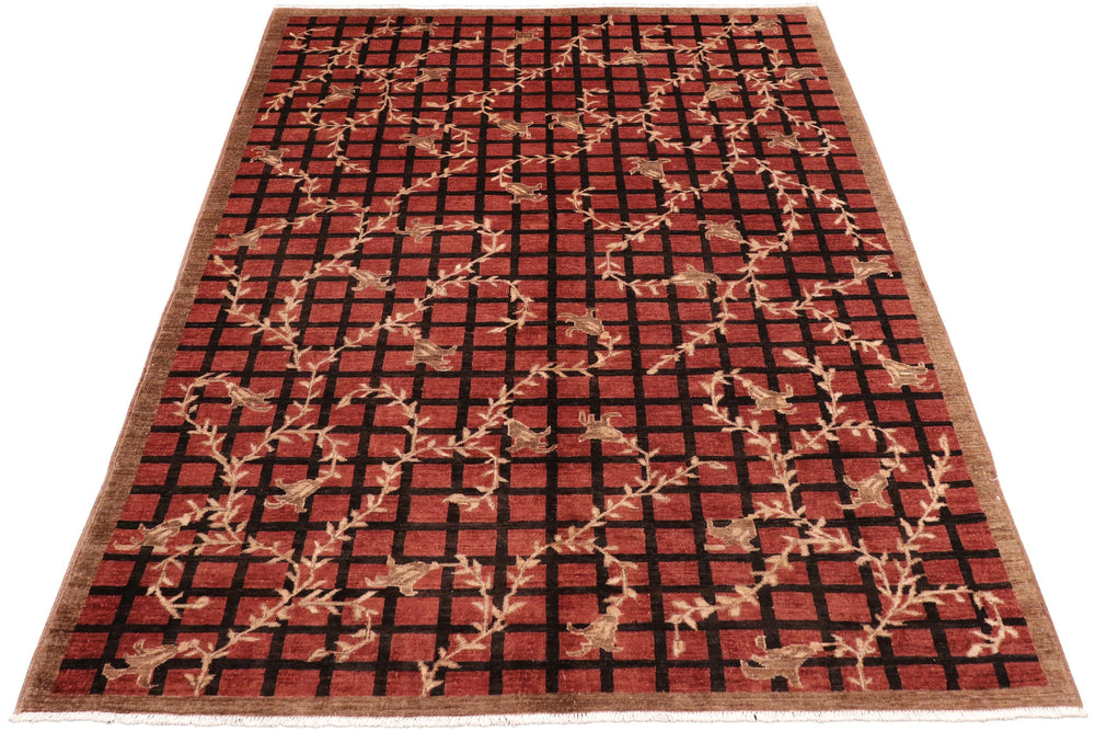 handmade Modern Lahore Red Brown Hand Knotted RECTANGLE 100% WOOL area rug 6' x 9'