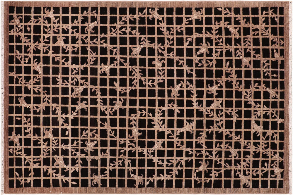 handmade Modern Kafkaz Black Brown Hand Knotted RECTANGLE 100% WOOL area rug 6' x 9'