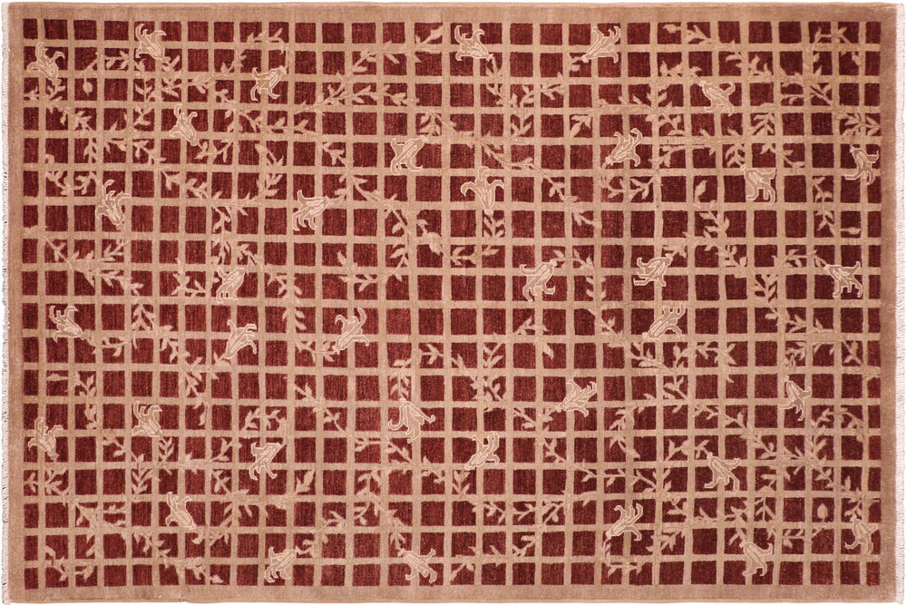 handmade Modern Kafkaz Red Tan Hand Knotted RECTANGLE 100% WOOL area rug 6' x 9'