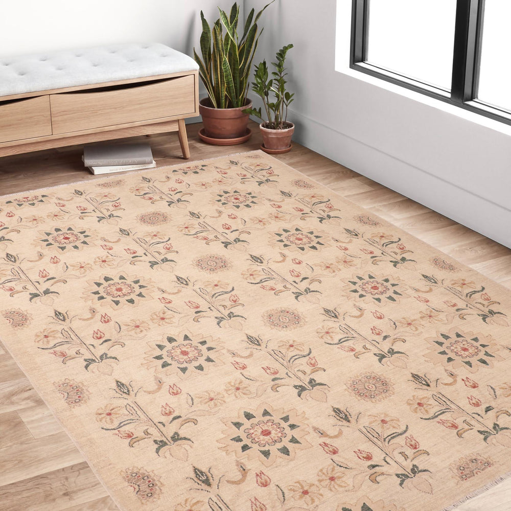 handmade Modern Kafkaz Tan Green Hand Knotted RECTANGLE 100% WOOL area rug 6' x 9'