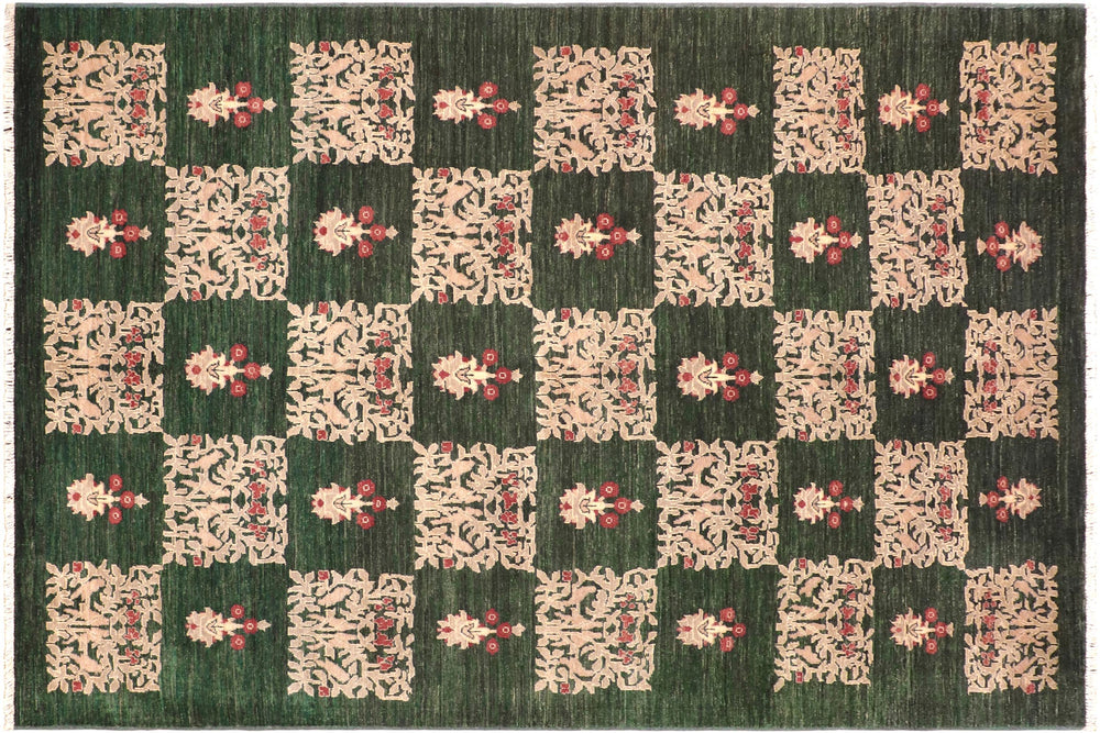 handmade Modern Kafkaz Green Tan Hand Knotted RECTANGLE 100% WOOL area rug 6' x 9'