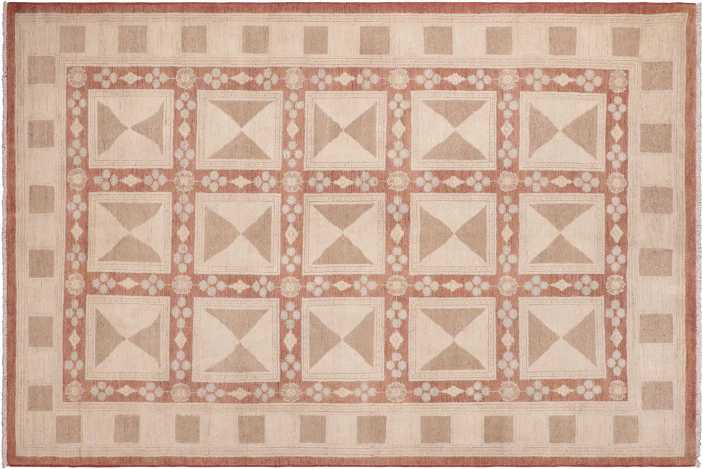 handmade Modern Kafkaz Rust Tan Hand Knotted RECTANGLE 100% WOOL area rug 6' x 9'