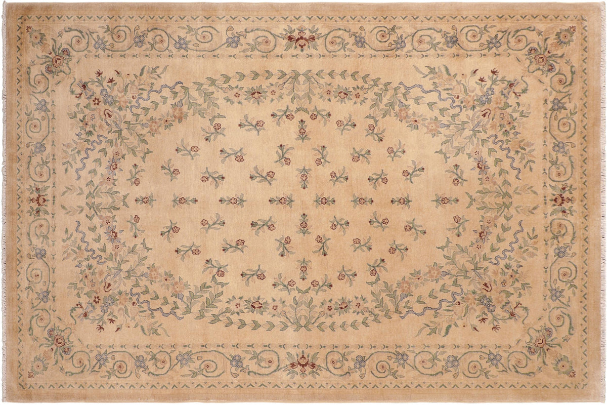 6x9 hand knotted transitional wool rug in tan and green - Eclectic Cherryl