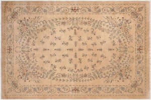 6x9 hand knotted transitional wool rug in tan and green - Eclectic Cherryl