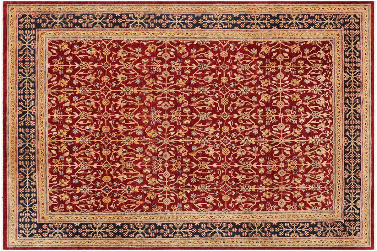 9x12 hand knotted transitional wool rug in red and blue - Chic Shela