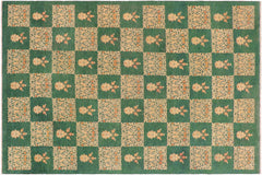 handmade Modern Kafkaz Green Tan Hand Knotted RECTANGLE 100% WOOL area rug 9' x 13'