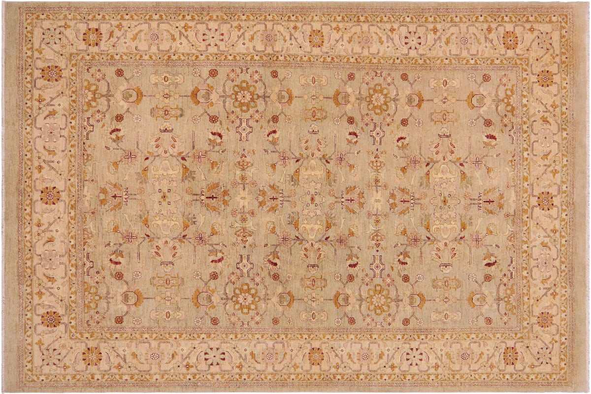 9x12 hand knotted transitional wool rug in green and beige - Eclectic Maryln