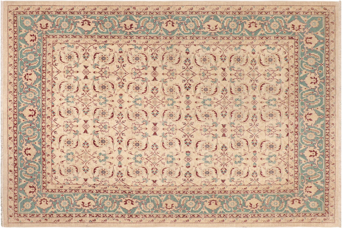 8x10 hand knotted transitional wool rug in beige and green - Oriental Laurena