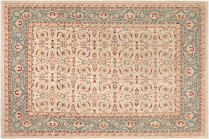 8x10 hand knotted transitional wool rug in beige and green - Oriental Laurena