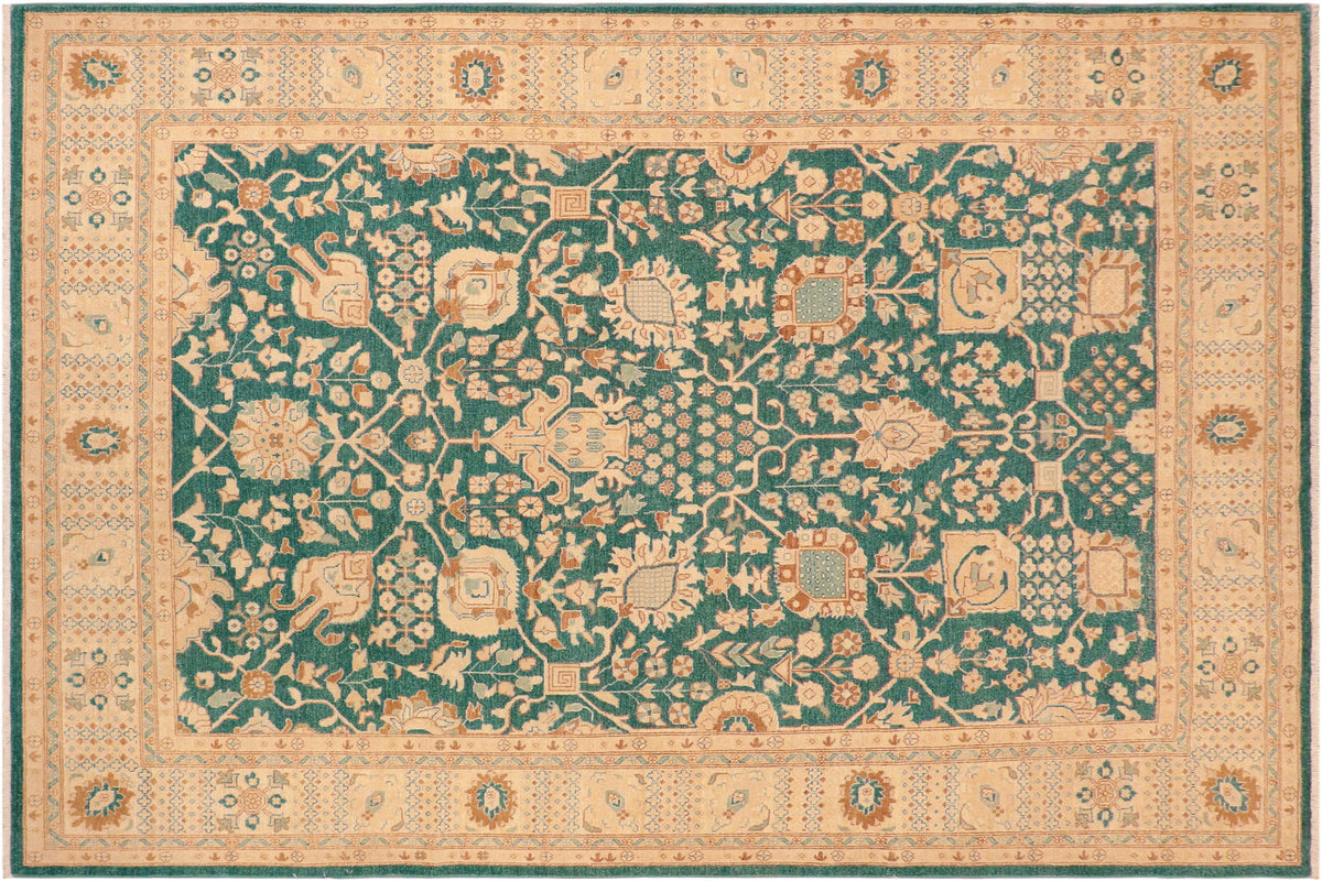 8x10 hand knotted transitional wool rug in green and tan - Bohemian Johana
