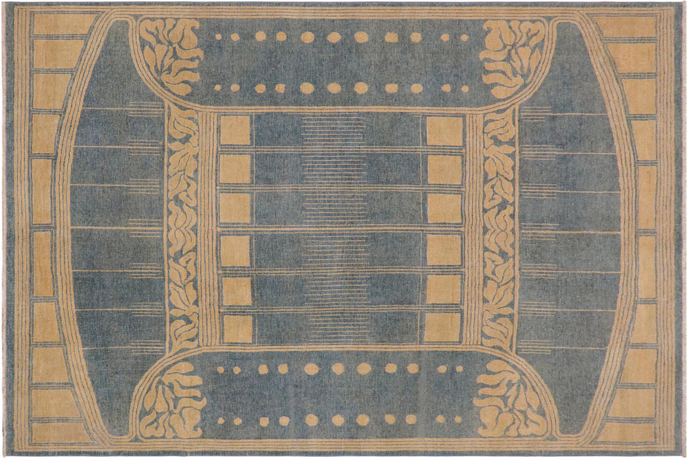 handmade Geometric Antique Blue Tan Hand Knotted RECTANGLE 100% WOOL area rug 9' x 11'