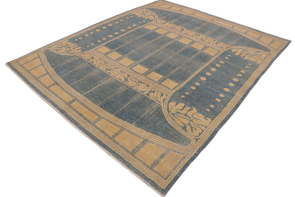 handmade Geometric Antique Blue Tan Hand Knotted RECTANGLE 100% WOOL area rug 9' x 11'