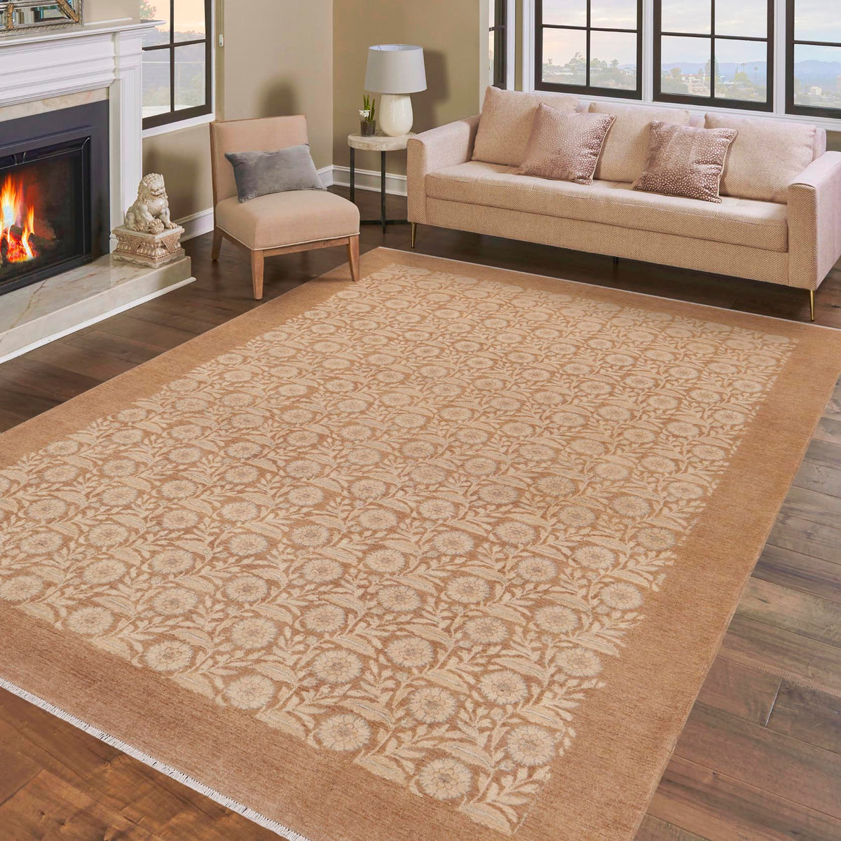 9x12 hand knotted modern wool rug in beige and brown - Chic Yukiko