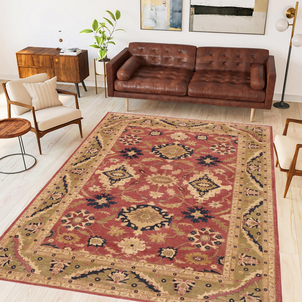 handmade Geometric Kafkaz Rust Lt. Green Hand Knotted RECTANGLE 100% WOOL area rug 9' x 12'