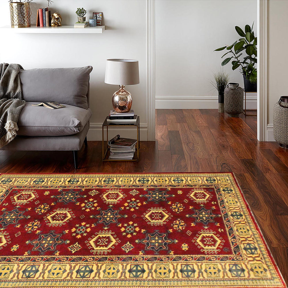 handmade Geometric Sherwan Red Gold Hand Knotted RECTANGLE 100% WOOL area rug 4x6
