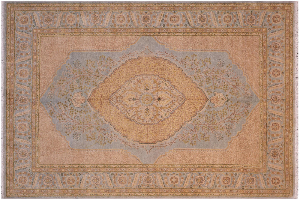 handmade Traditional Design Lt. Blue Gold Hand Knotted RECTANGLE 100% WOOL area rug 6' x 7'