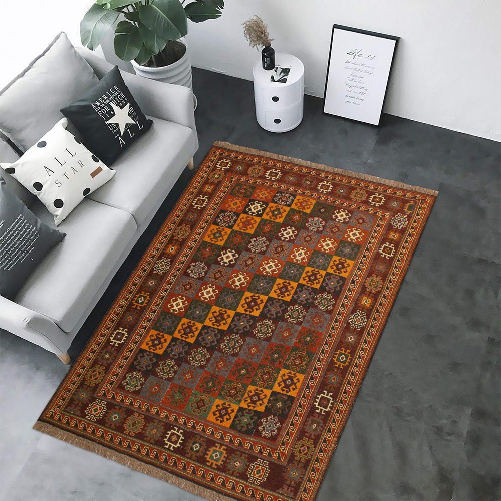 handmade Geometric Soumakh Rust Brown Hand-Woven RECTANGLE 100% WOOL area rug 5 x 6