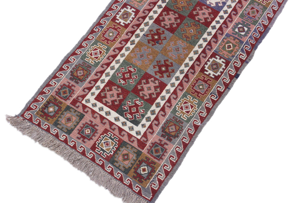 handmade Geometric Soumakh Red Gray Hand-Woven RUNNER 100% WOOL area rug 2 x 12