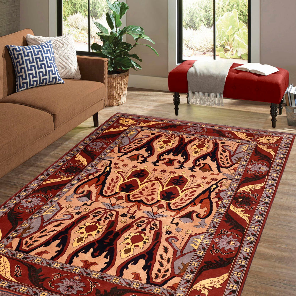 handmade Geometric Kargahi Tan Red Hand Knotted RECTANGLE 100% WOOL area rug 7x9