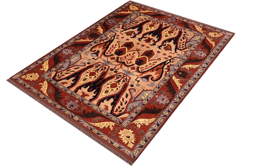 handmade Geometric Kargahi Tan Red Hand Knotted RECTANGLE 100% WOOL area rug 7x9