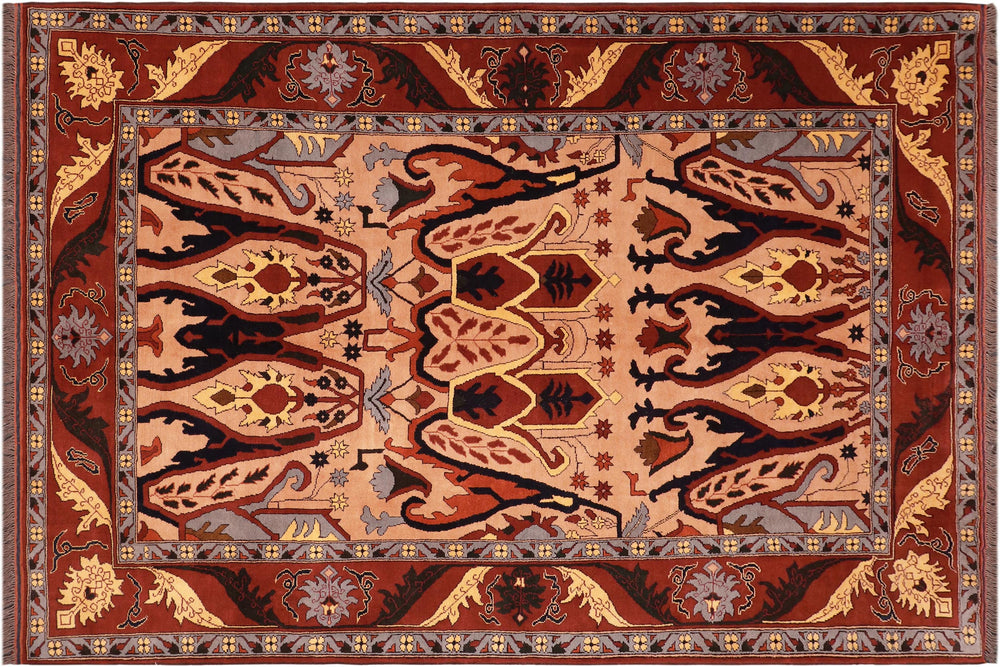 handmade Geometric Kargahi Tan Red Hand Knotted RECTANGLE 100% WOOL area rug 7x9