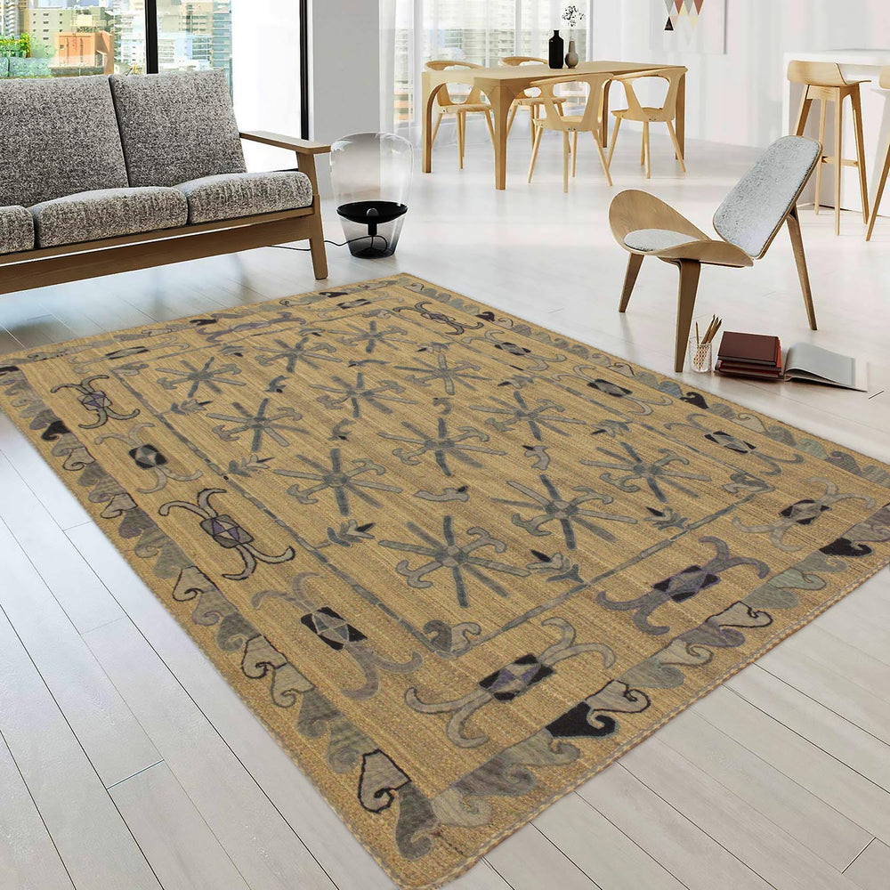 handmade Geometric Ikat Gray Blue Hand-Woven RECTANGLE 100% WOOL area rug 5' x 6'