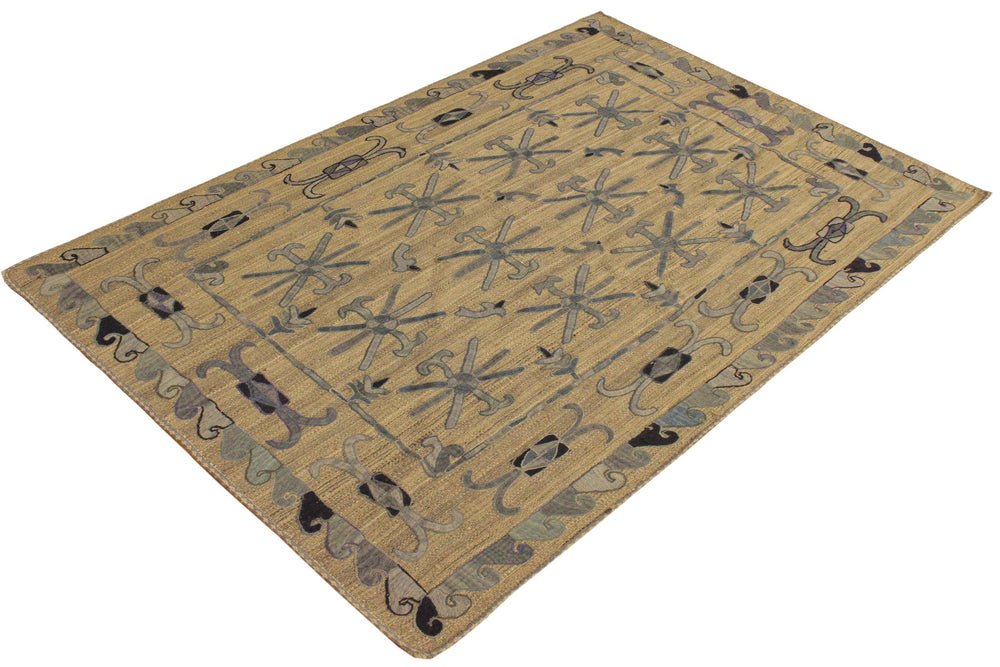 handmade Geometric Ikat Gray Blue Hand-Woven RECTANGLE 100% WOOL area rug 5' x 6'