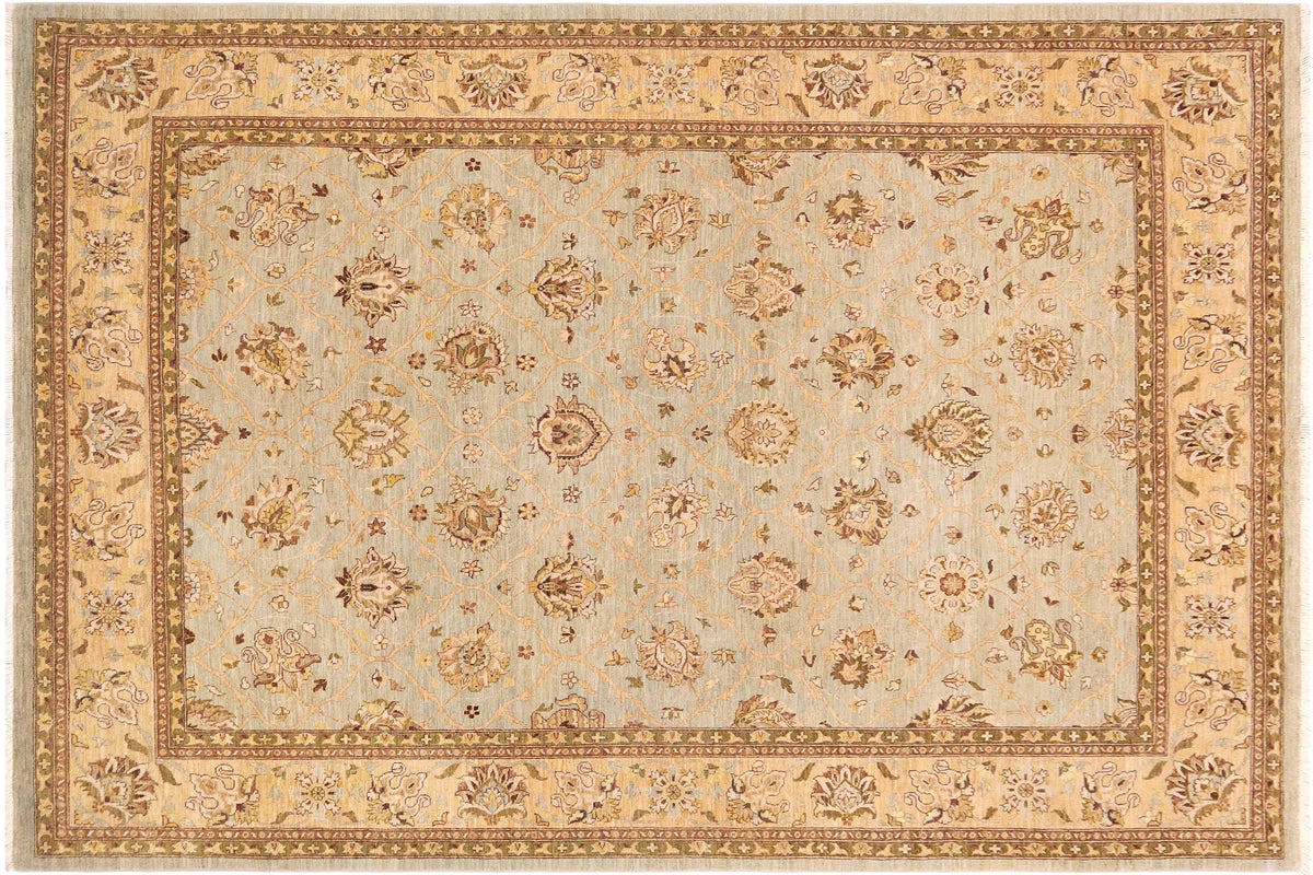 9x12 hand knotted transitional wool rug in green and tan - Eclectic Yana