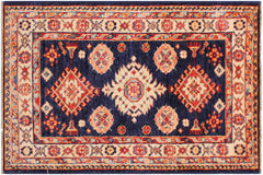 handmade Geometric Super Kazak Blue Beige Hand Knotted RECTANGLE 100% WOOL area rug 2' x 3'