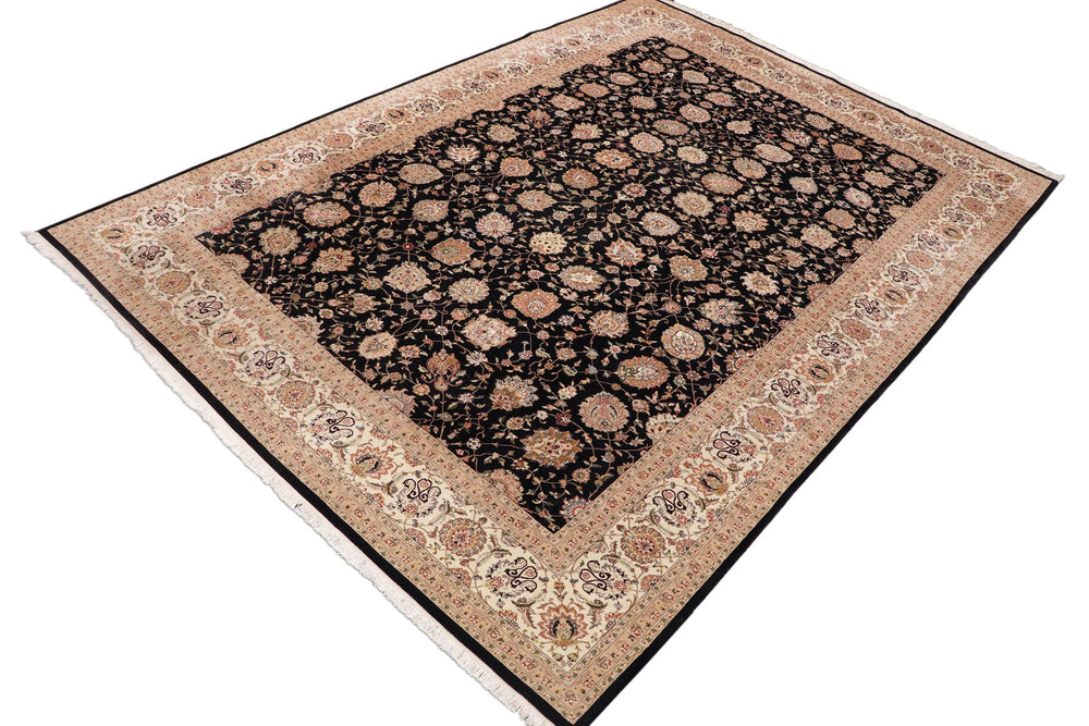 handmade Transitional  Black Ivory Hand Knotted RECTANGLE WOOL&SILK area rug 10x14