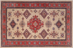 handmade Geometric Super Kazak Lt. Gold Pink Hand Knotted RECTANGLE 100% WOOL area rug 5' x 8'