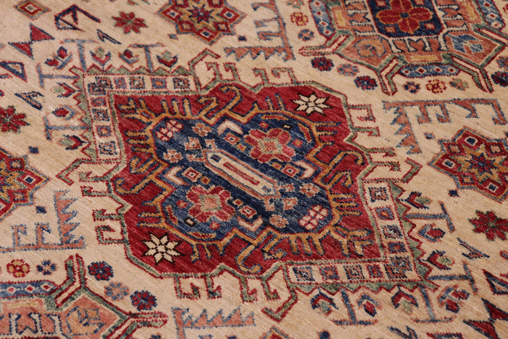 handmade Geometric Super Kazak Beige Blue Hand Knotted RECTANGLE 100% WOOL area rug 5' x 8'