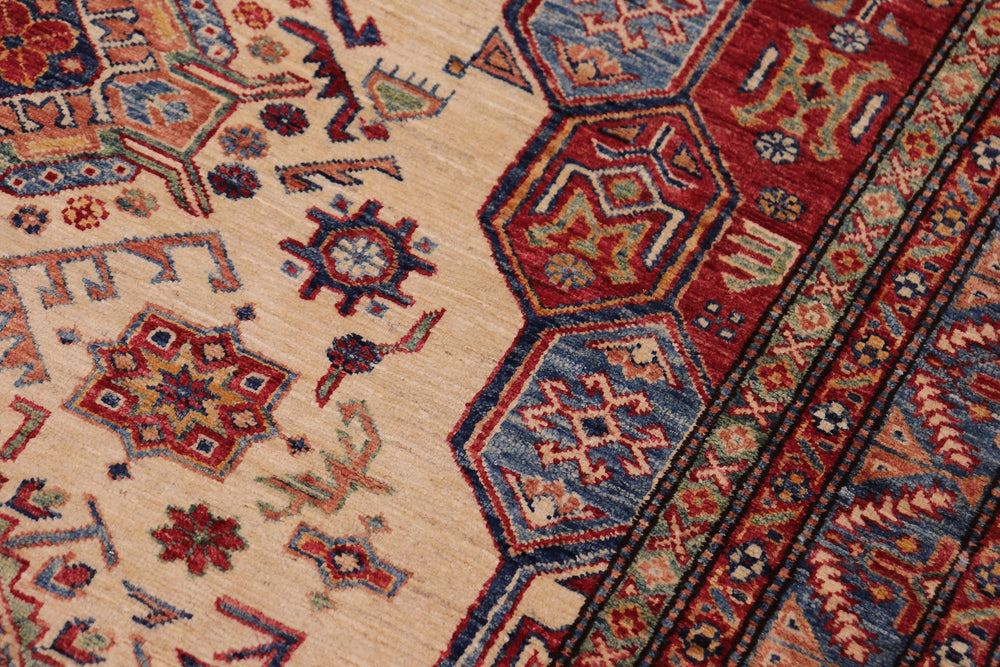 handmade Geometric Super Kazak Beige Blue Hand Knotted RECTANGLE 100% WOOL area rug 5' x 8'