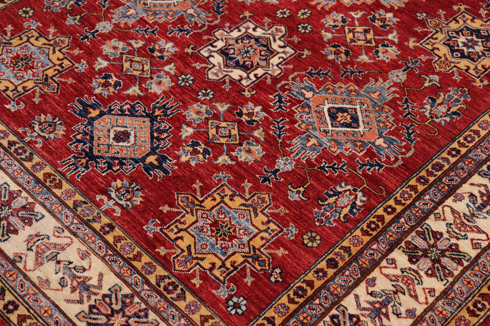 handmade Geometric Super Kazak Red Beige Hand Knotted RECTANGLE 100% WOOL area rug 6' x 9'