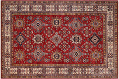 handmade Geometric Super Kazak Red Beige Hand Knotted RECTANGLE 100% WOOL area rug 6' x 9'