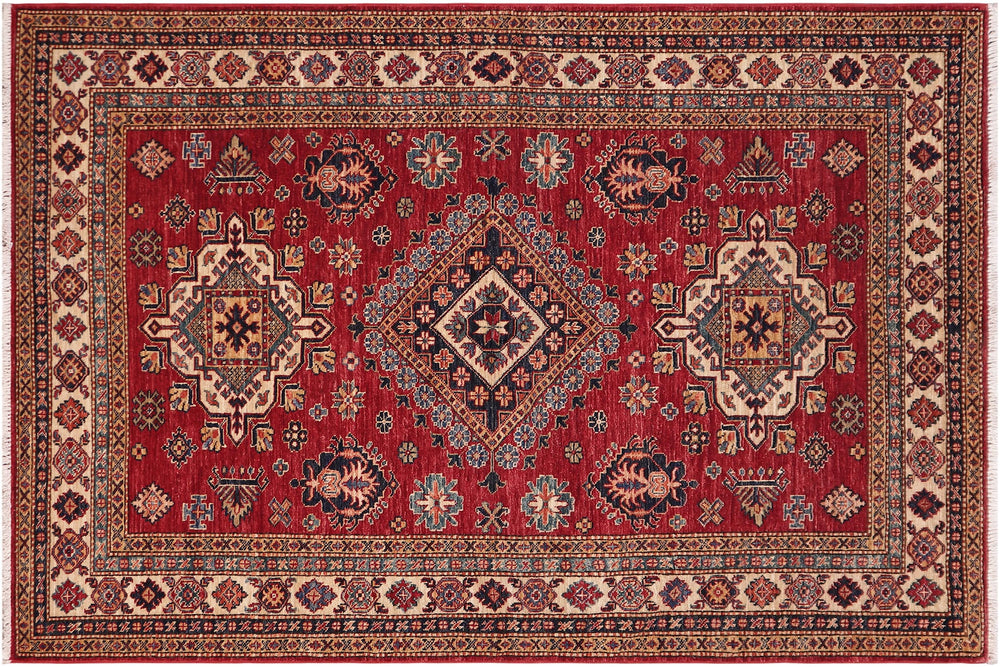 handmade Geometric Super Kazak Red Beige Hand Knotted RECTANGLE 100% WOOL area rug 5' x 7'
