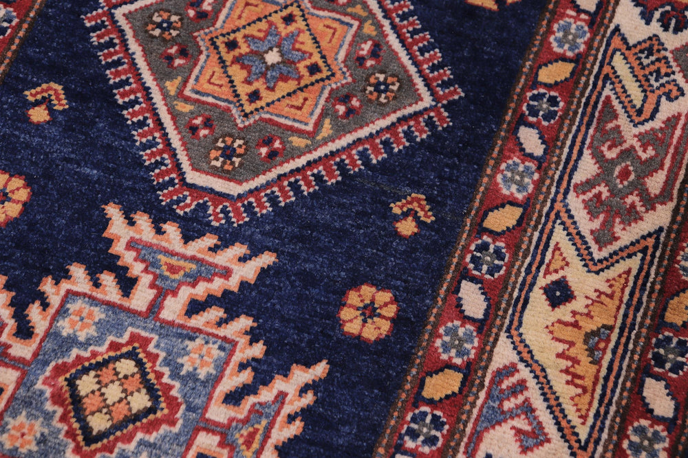 handmade Geometric Super Kazak Blue Beige Hand Knotted RUNNER 100% WOOL area rug 3' x 10'