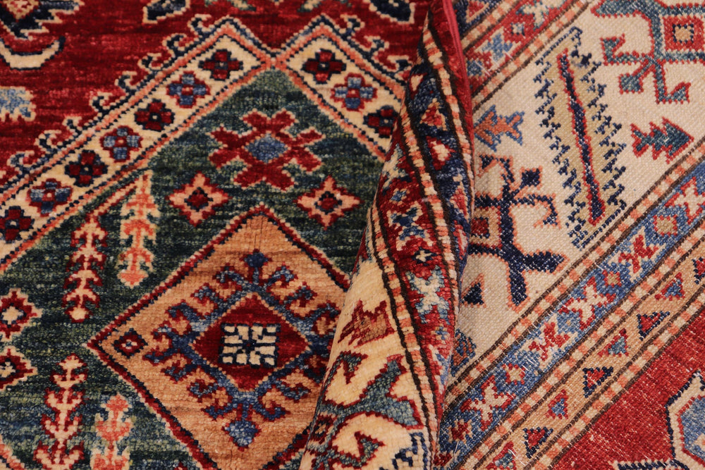 handmade Geometric Super Kazak Red Beige Hand Knotted RECTANGLE 100% WOOL area rug 6' x 9'