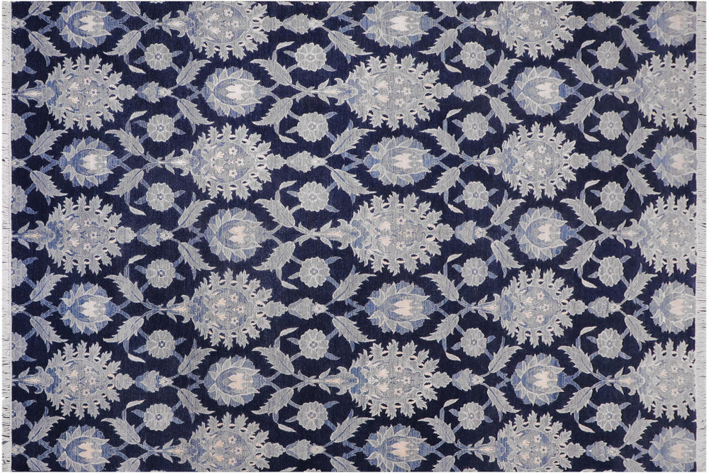 handmade Modern Kafkaz Lt. Blue Blue Hand Knotted RECTANGLE WOOL&SILK area rug 10' x 14'