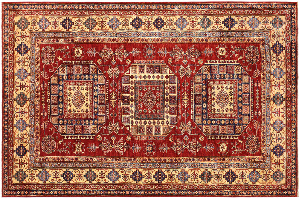 handmade Geometric Super Kazak Red Tan Hand Knotted RECTANGLE 100% WOOL area rug 7' x 10'