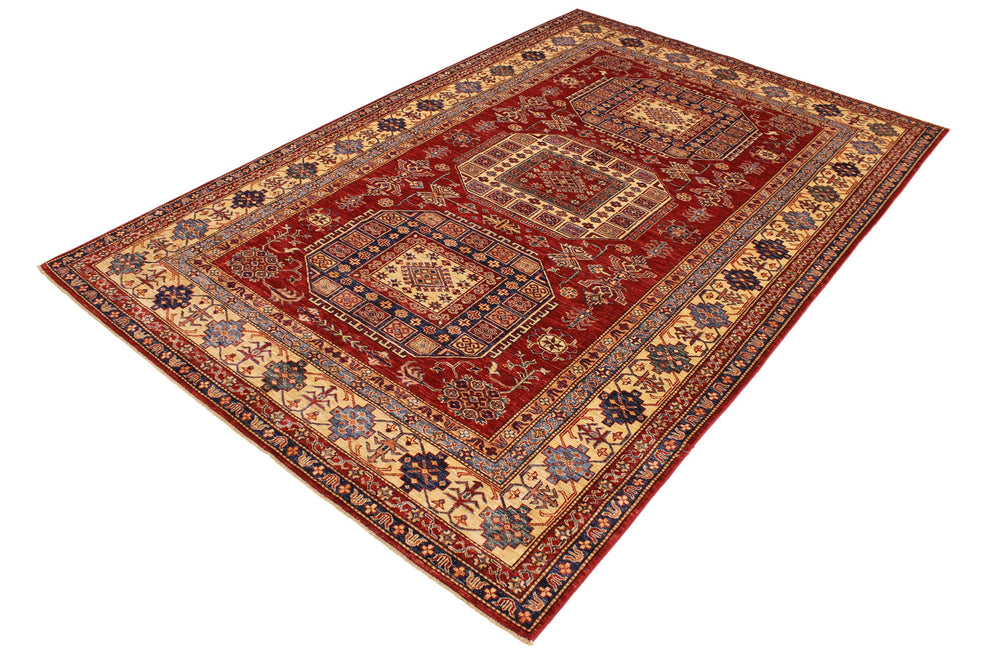 handmade Geometric Super Kazak Red Tan Hand Knotted RECTANGLE 100% WOOL area rug 7' x 10'