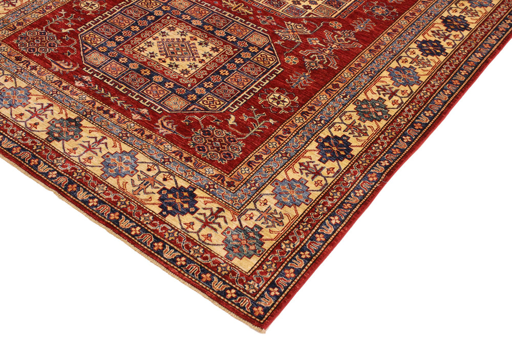 handmade Geometric Super Kazak Red Tan Hand Knotted RECTANGLE 100% WOOL area rug 7' x 10'