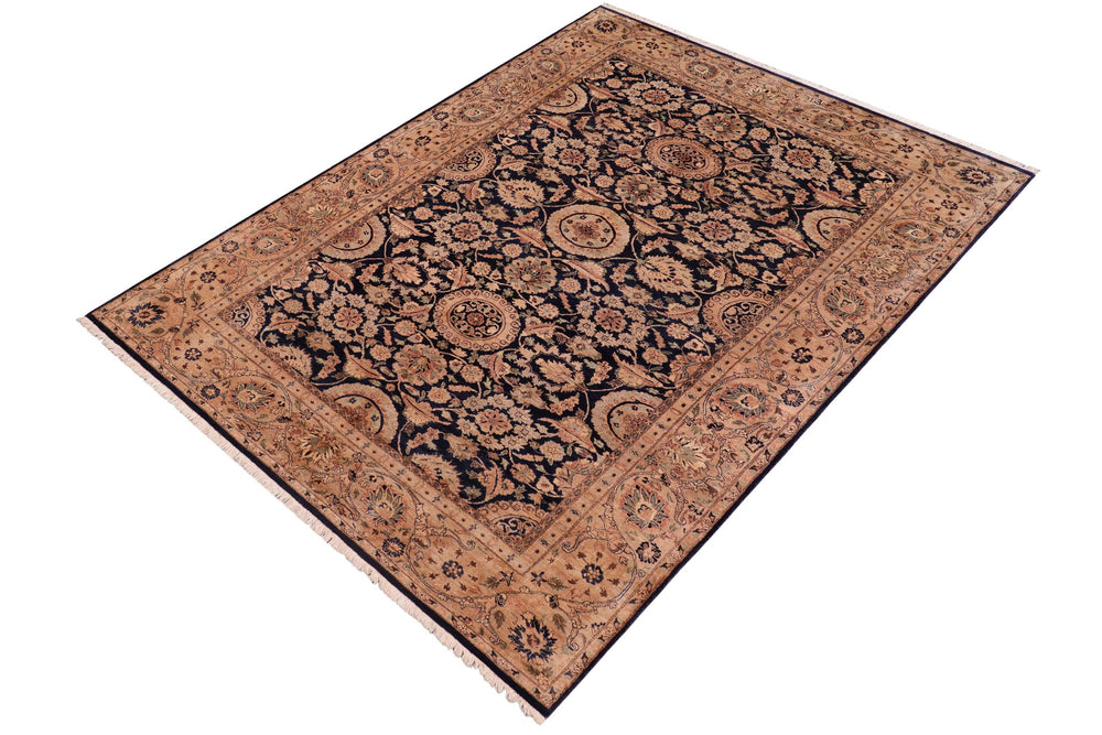 handmade Traditional Agra Tabriz Blue Tan Hand Knotted RECTANGLE 100% WOOL area rug 6x9