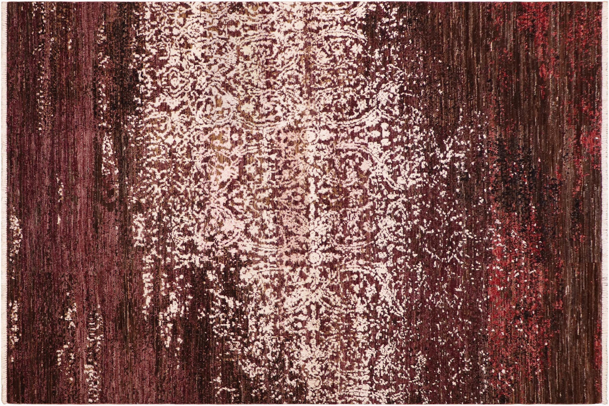 6x9 hand knotted modern wool and silk rug in brown and purple - Eclectic Gerard