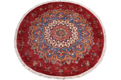 handmade Geometric Kurjean Blue Red Hand Knotted ROUND 100% WOOL area rug 6x6