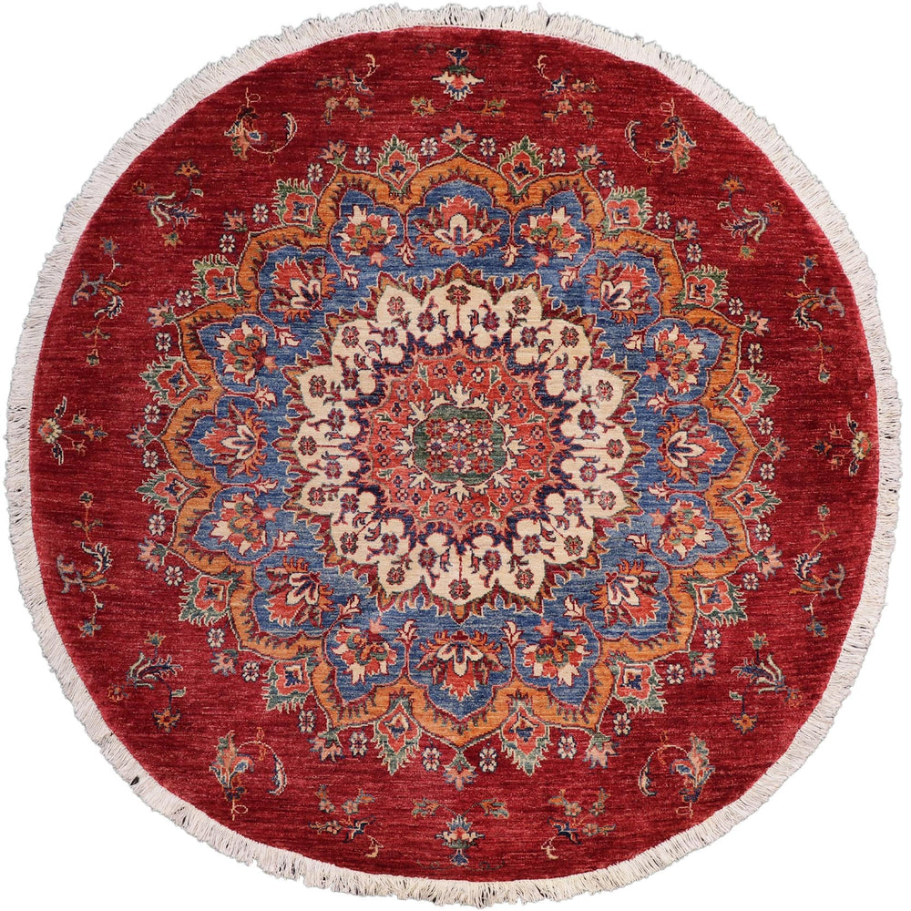 handmade Geometric Kurjean Blue Red Hand Knotted ROUND 100% WOOL area rug 6x6