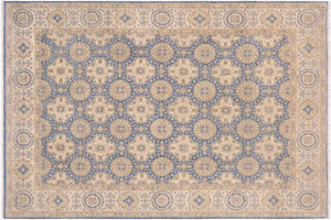 9x12 hand knotted transitional wool rug in blue and beige - Chic Earnest